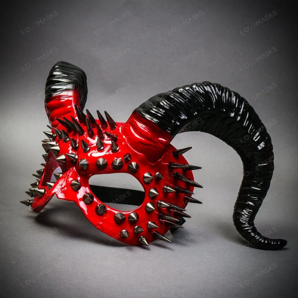RED Demon Steampunk Spikes Devil w/ Black Twisted Horn Masquerade Halloween Mask